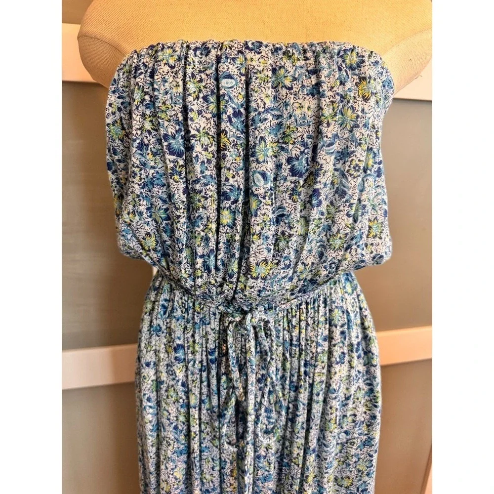 Poupette St Barth Mara Strapless Maxi Dress Blue Floral Print Small resort wear